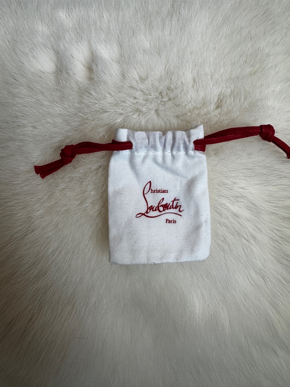 Christian Louboutin White Drawstring Pouch with Red Logo and Cords. Mint!